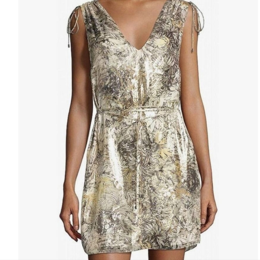 Haute Hippie Gold Floral Pattern Shiny A Line Silk tie dress L